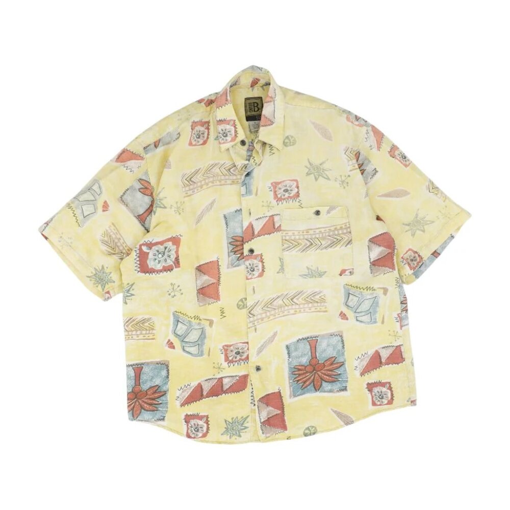 Bruno Men's Linen/Cotton Hawaiian Shirt Yellow Print Size Medium
